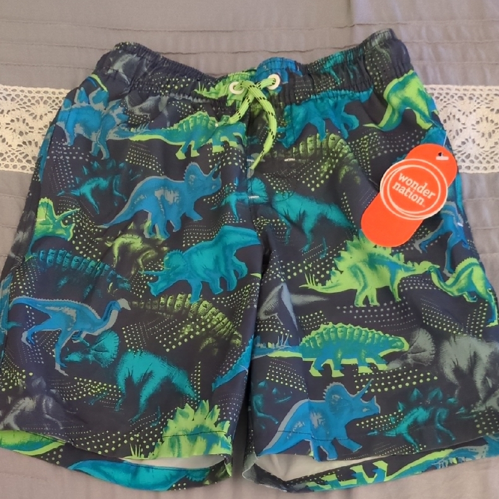 Wonder Nation Kids Dinosaur Print Swim Trunks - Navy and Green